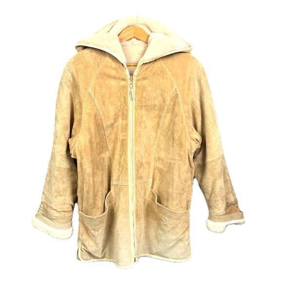 Vintage Winlit Suede Faux Fur Reversible Coat Womens Large Hooded Penny Lane 90s - Picture 1 of 4